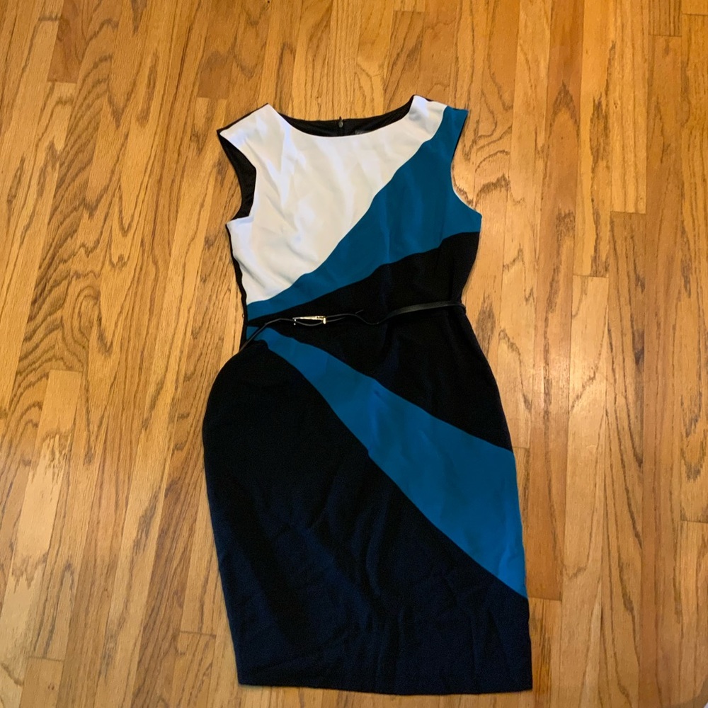 Covington Teal, White, & Black Midi Dress with Belt